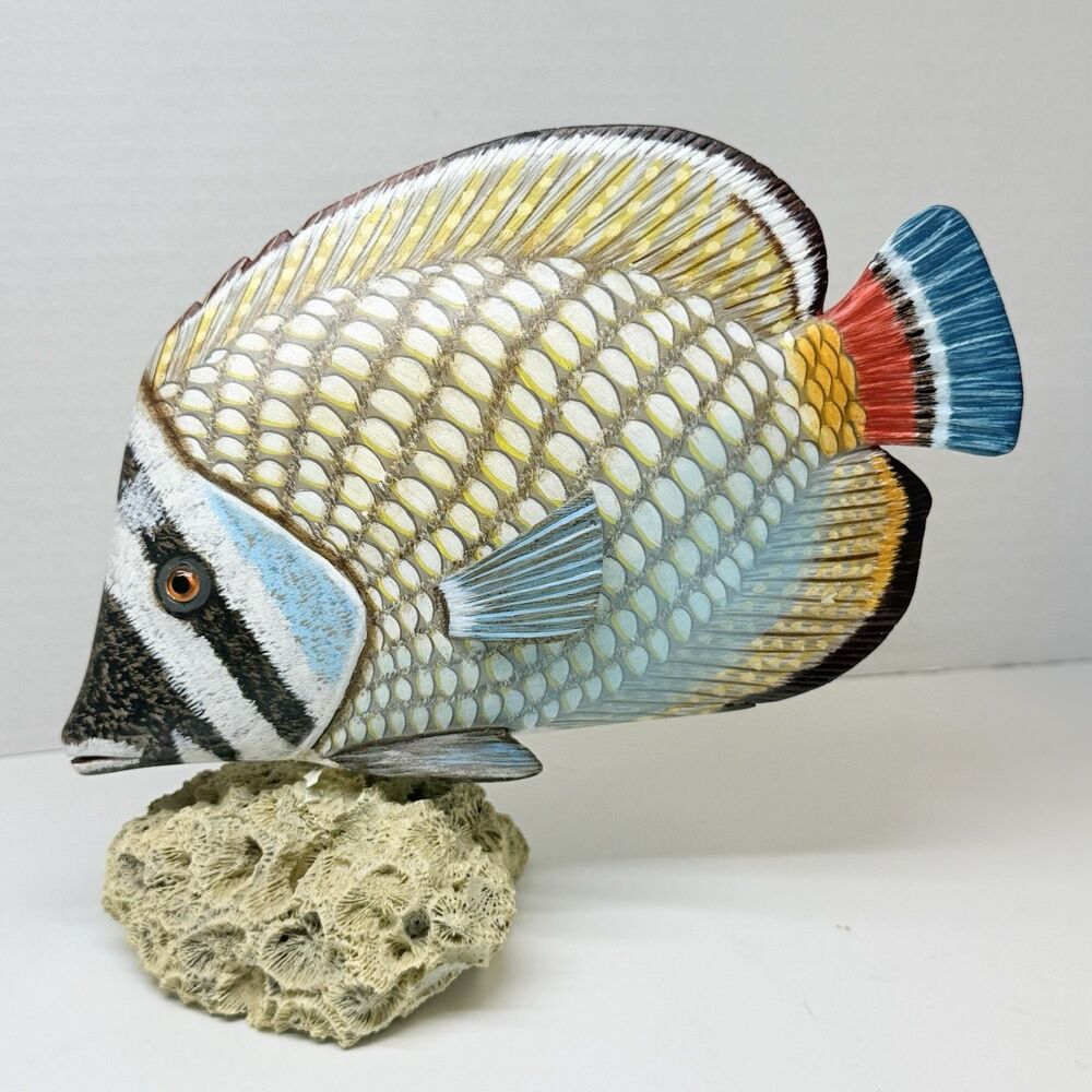 Vintage Penco Hand Painted Wood Tropical Fish Figurine On Faux Coral Collectible